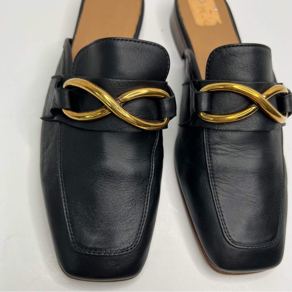M. Gemi Black Leather Mule Slides with Gold Chain Accent - Picture 5 of 15
